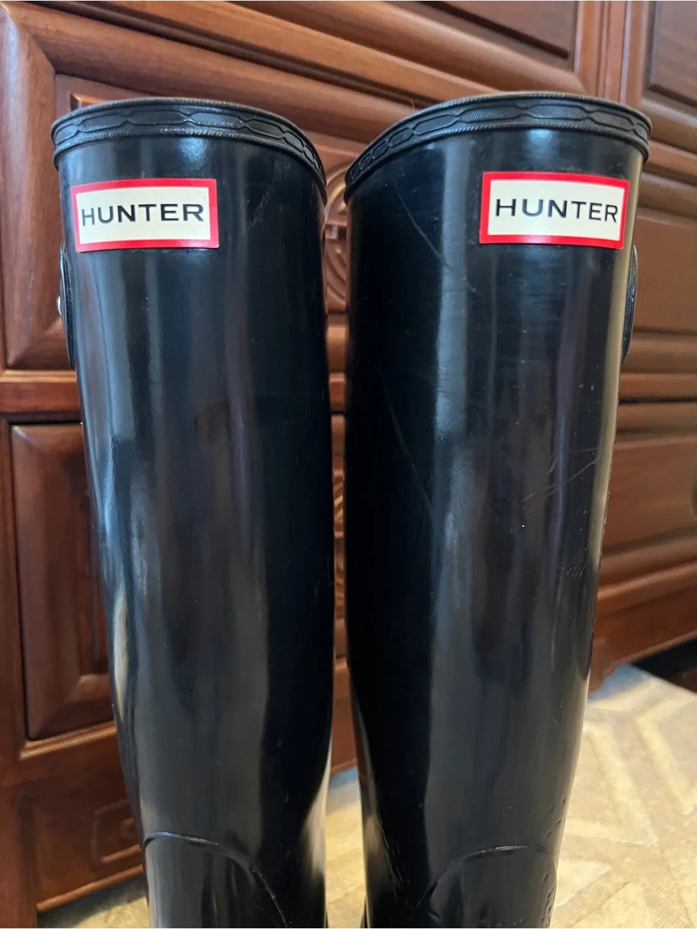 Hunter Glossy Black Tall Rain Boots with Buckle